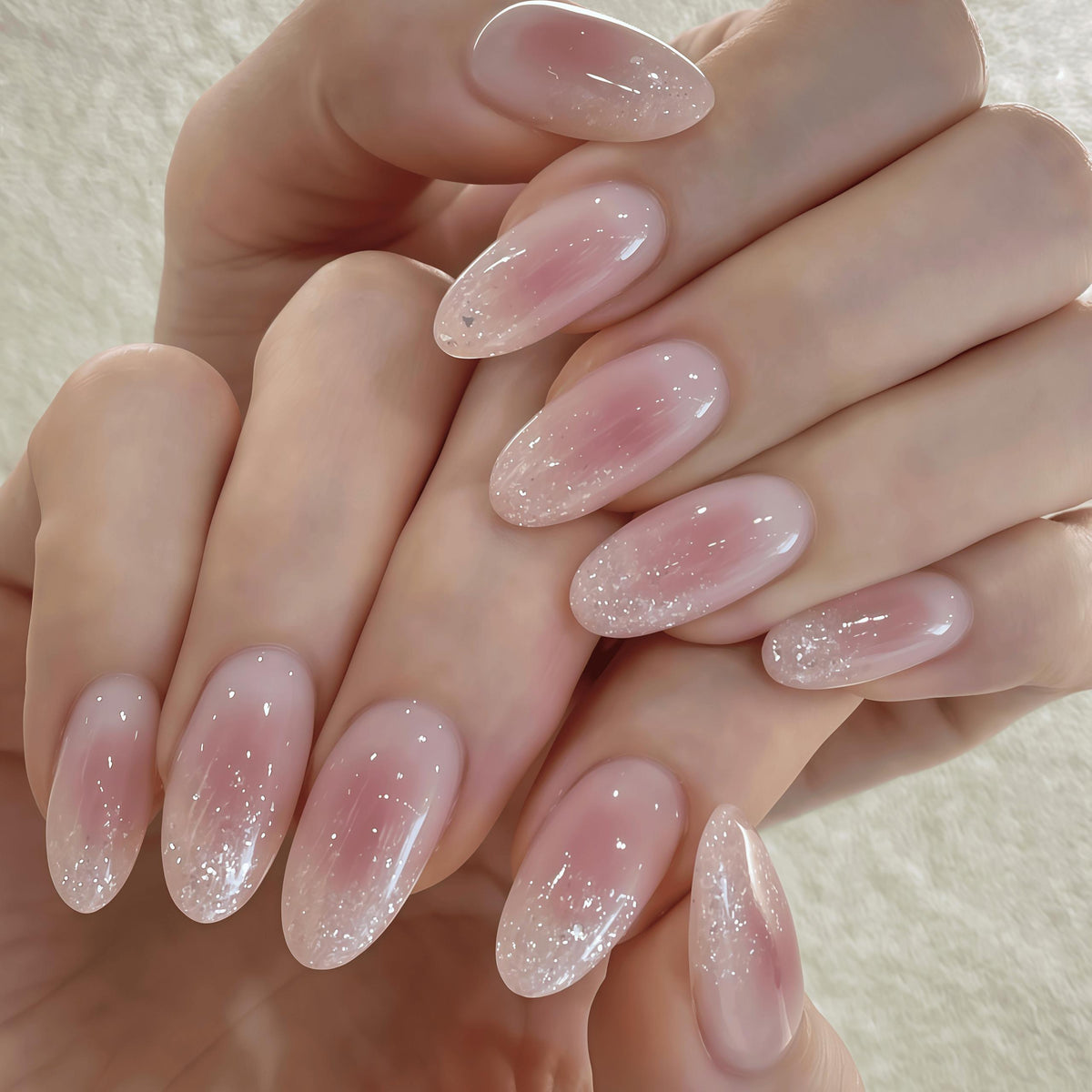 Translucent Blush Pink Nails With Fine Silver Glitter