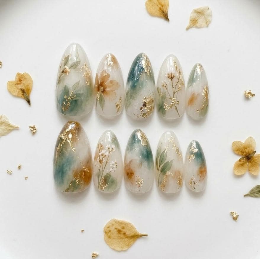 Translucent Botanical Nails with Dried Flowers, Teal Marbling and Gold Foil