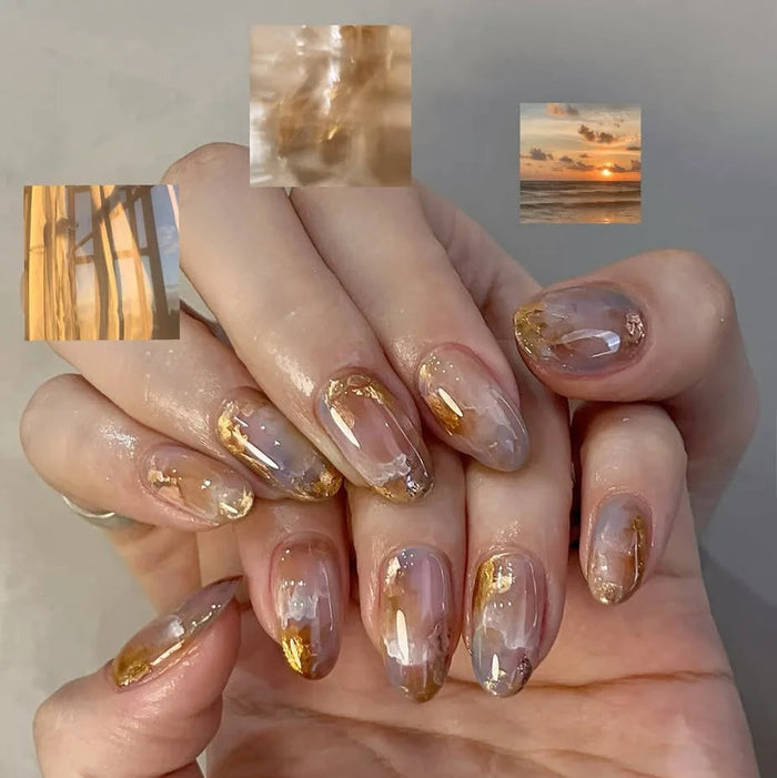 Translucent Nude and Taupe Marble Press On Nails with Gold Foil