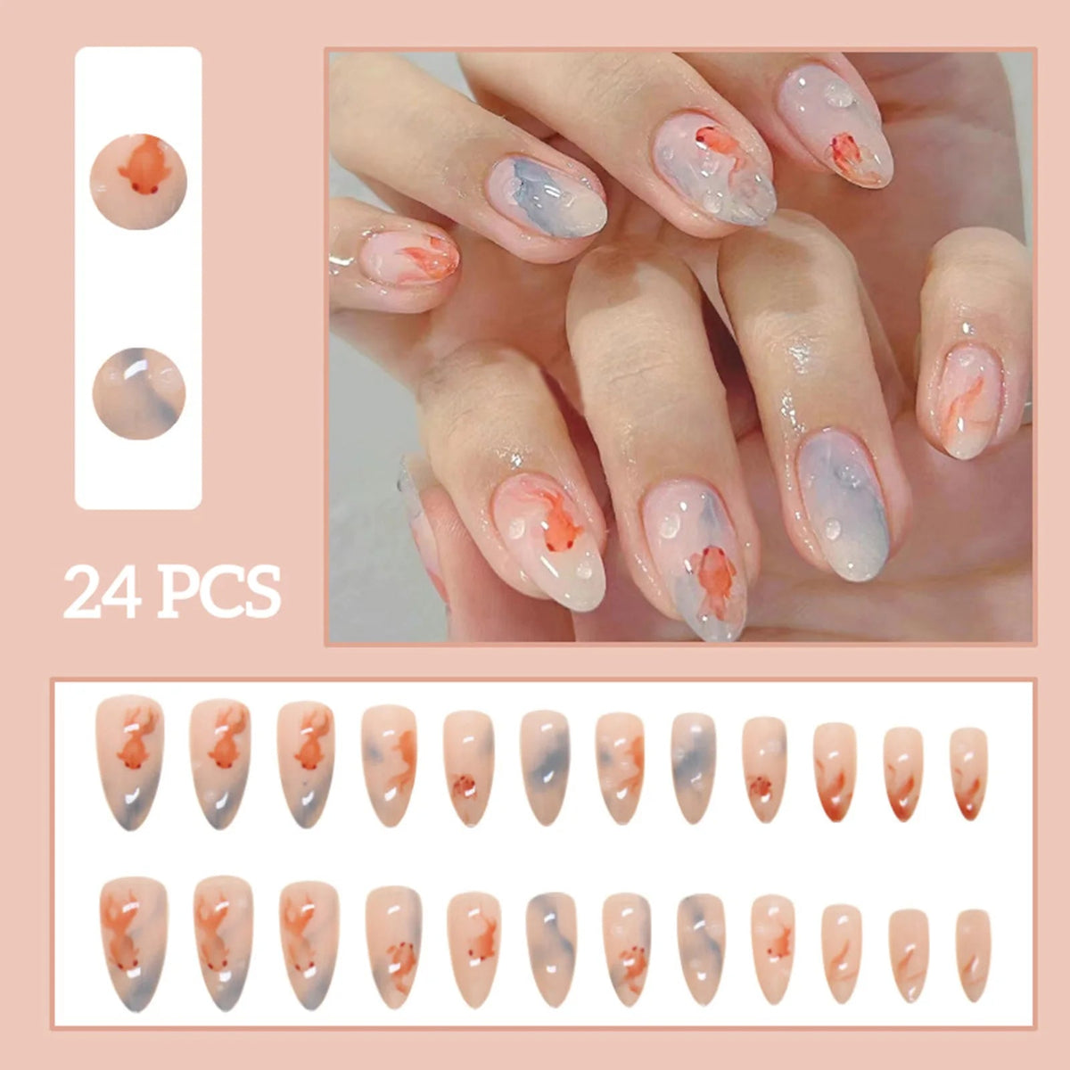 Translucent Nude-Pink Fish Press On Nails With Coral and Blue-Gray Details