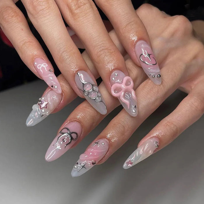Translucent Pink and Gray 3D Bow Press On Nails with Silver Charms