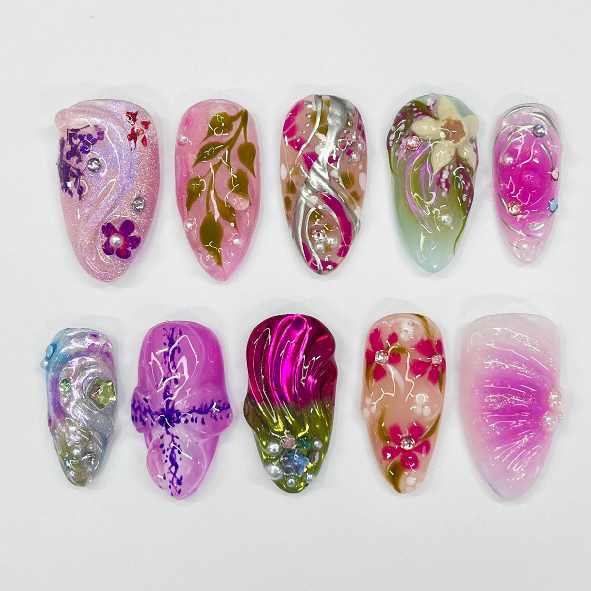Translucent Pink and Lilac Floral Press On Nails With 3D Flowers and Rhinestones