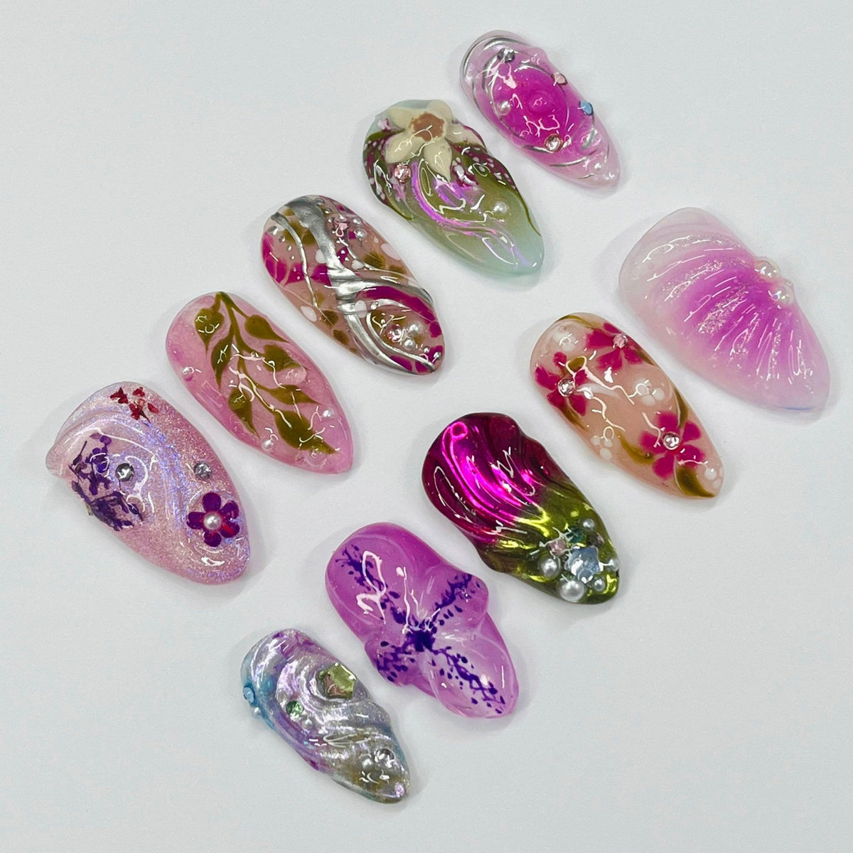 Translucent Pink and Lilac Floral Press On Nails With 3D Flowers and Rhinestones