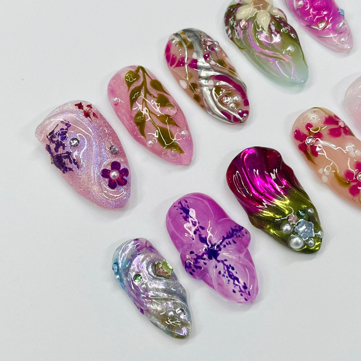 Translucent Pink and Lilac Floral Press On Nails With 3D Flowers and Rhinestones