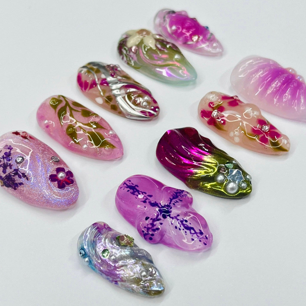 Translucent Pink and Lilac Floral Press On Nails With 3D Flowers and Rhinestones