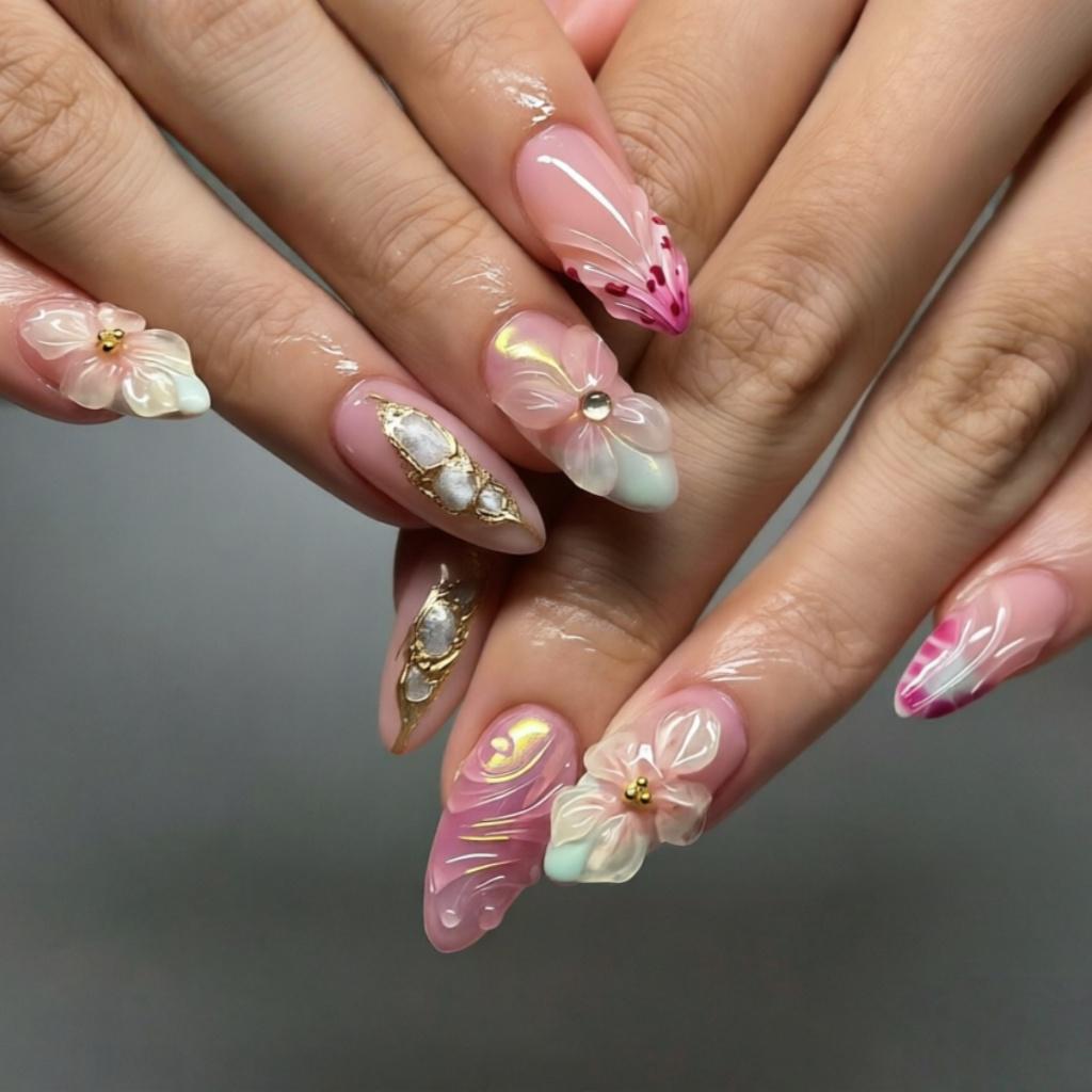 Translucent Pink and White Floral Nails with 3D Flowers and Gold Linework