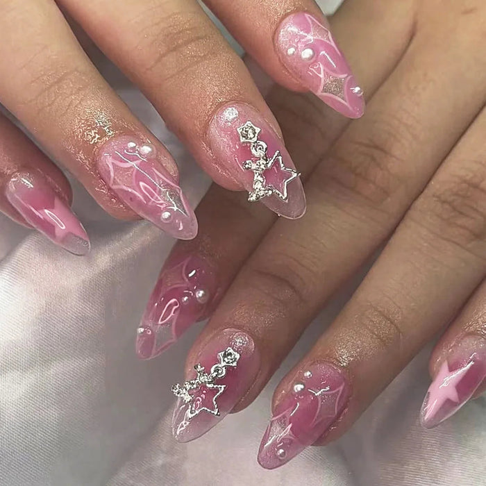 Translucent Pink Celestial Press On Nails with Silver Star Charms