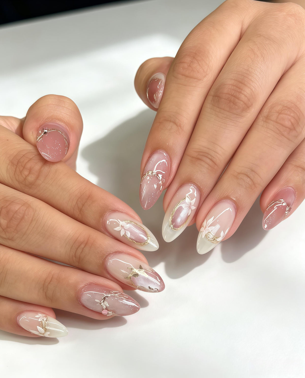 Translucent Pink Floral French Tip Press On Nail Set With Gold Details