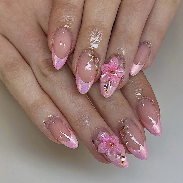 Translucent Pink French Tip Press On Nail Set With 3D Flowers, Pearls and Gem Accents