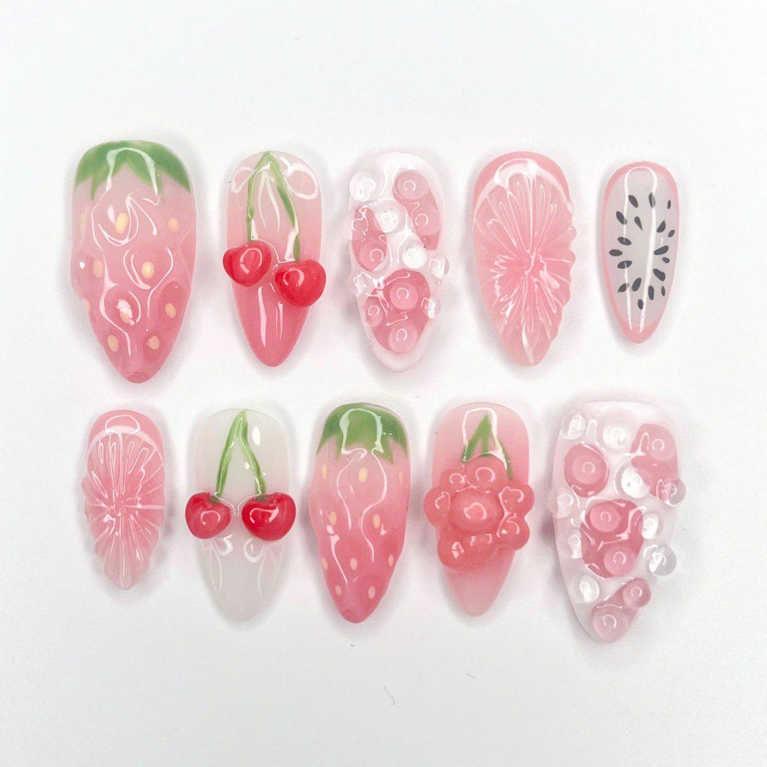 Translucent Pink Fruit Press-On Nails With 3D Strawberries, Cherries and Floral Details