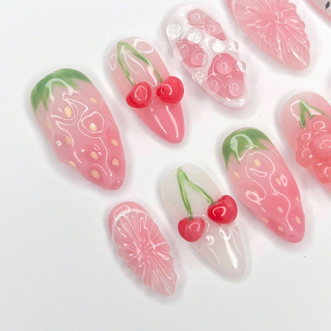 Translucent Pink Fruit Press-On Nails With 3D Strawberries, Cherries and Floral Details