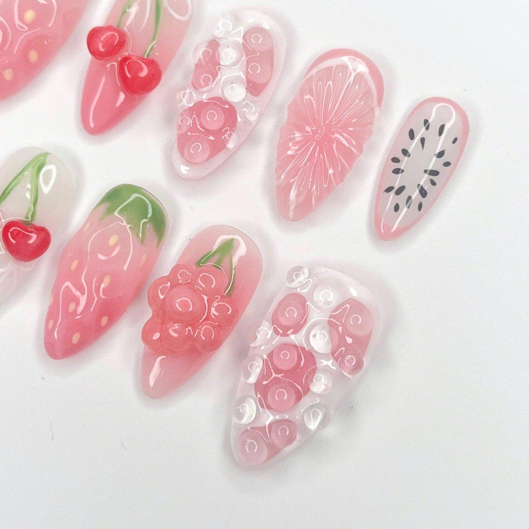 Translucent Pink Fruit Press-On Nails With 3D Strawberries, Cherries and Floral Details