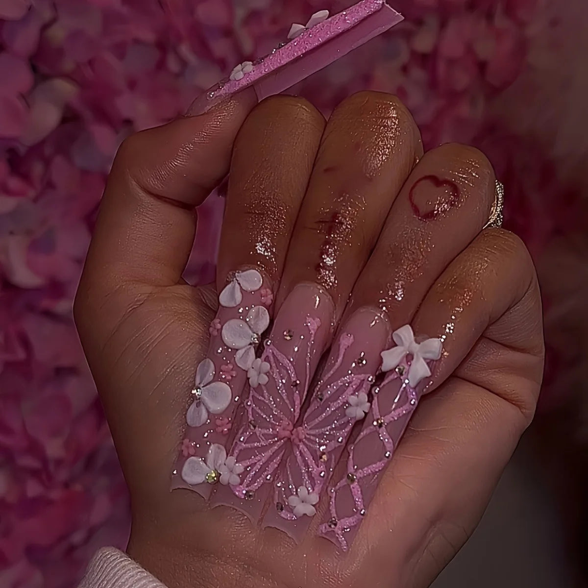 Translucent Pink Glitter Butterfly and Floral Nail Set