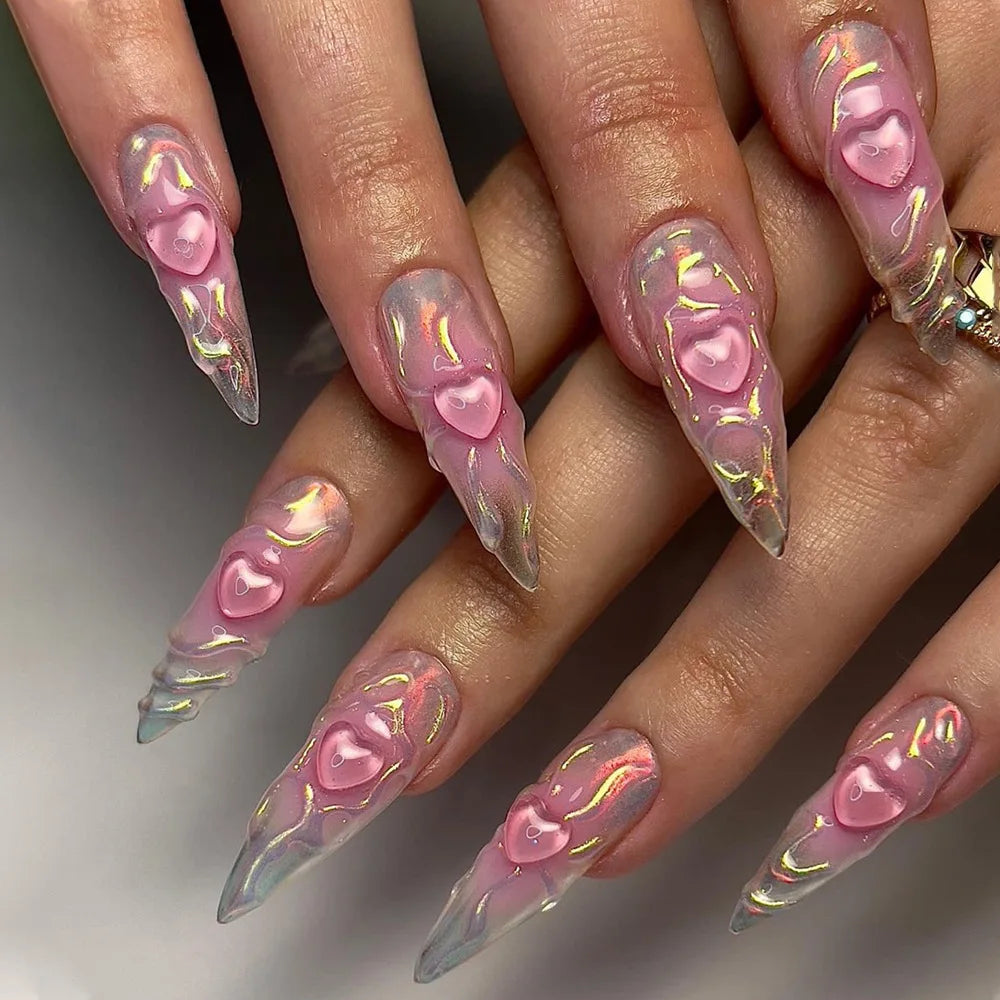 Translucent Pink Iridescent Heart and Ribbon Press On Nails