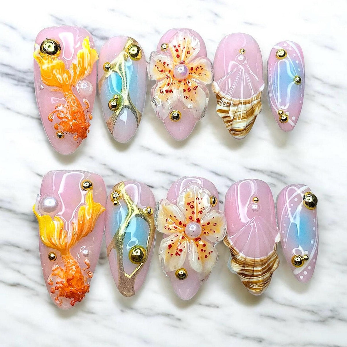 Translucent Pink Ocean Shell and Sculpted Flower Press-On Nails