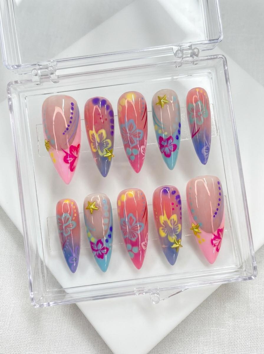 Translucent Tropical Hibiscus Press On Nails With Gold Star Charms