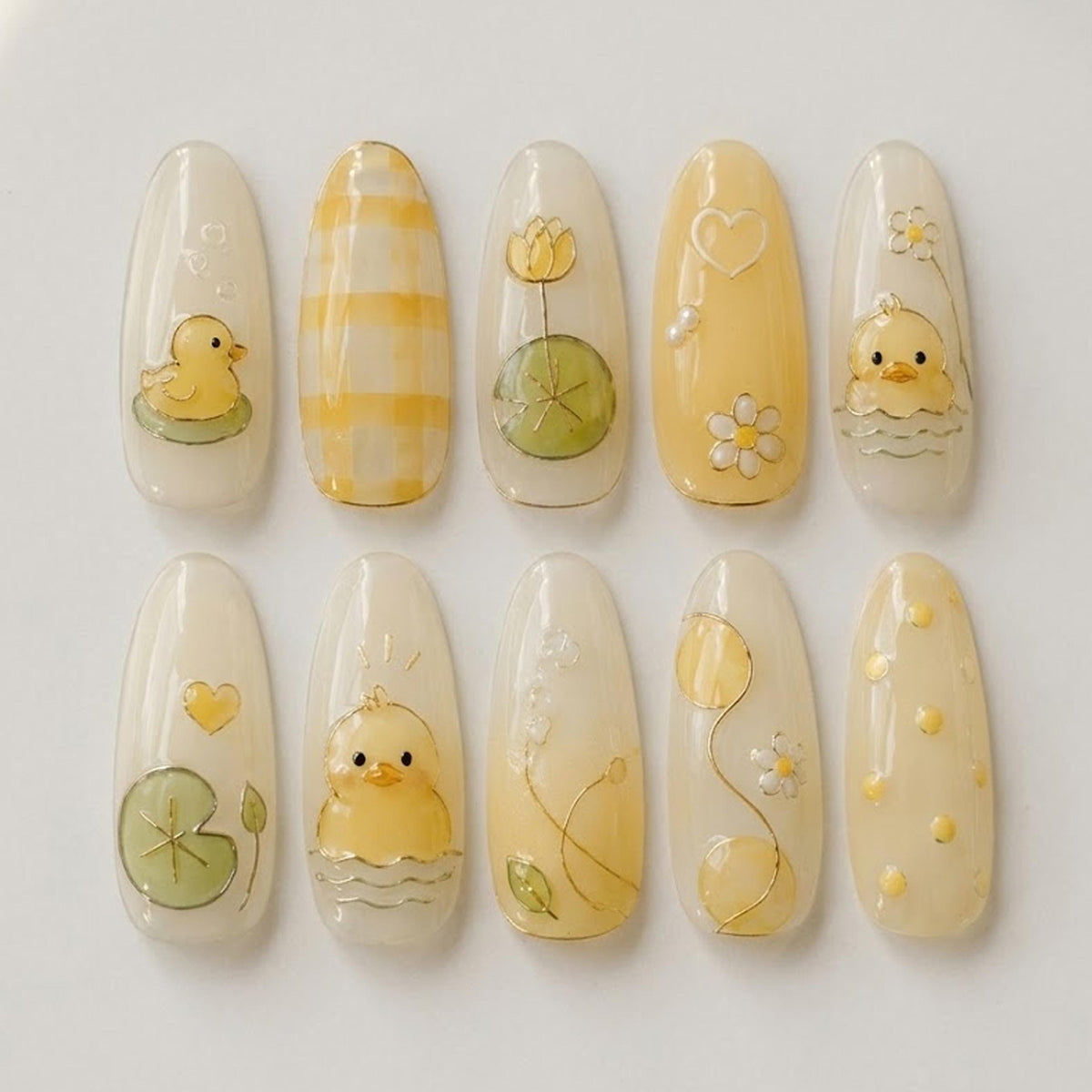 Translucent Yellow Duckling, Daisy, and Gingham Spring Nail Set