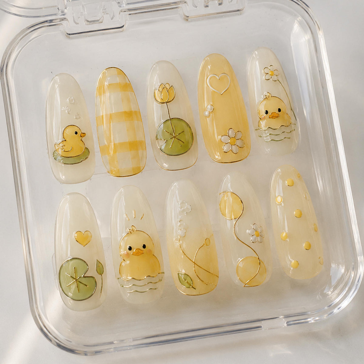 Translucent Yellow Duckling, Daisy, and Gingham Spring Nail Set