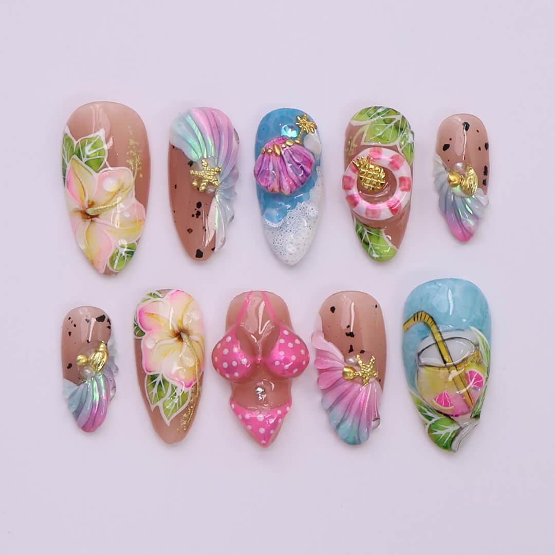 Tropical Beach Press On Nails with Plumerias, Seashells and 3D Bikini Details