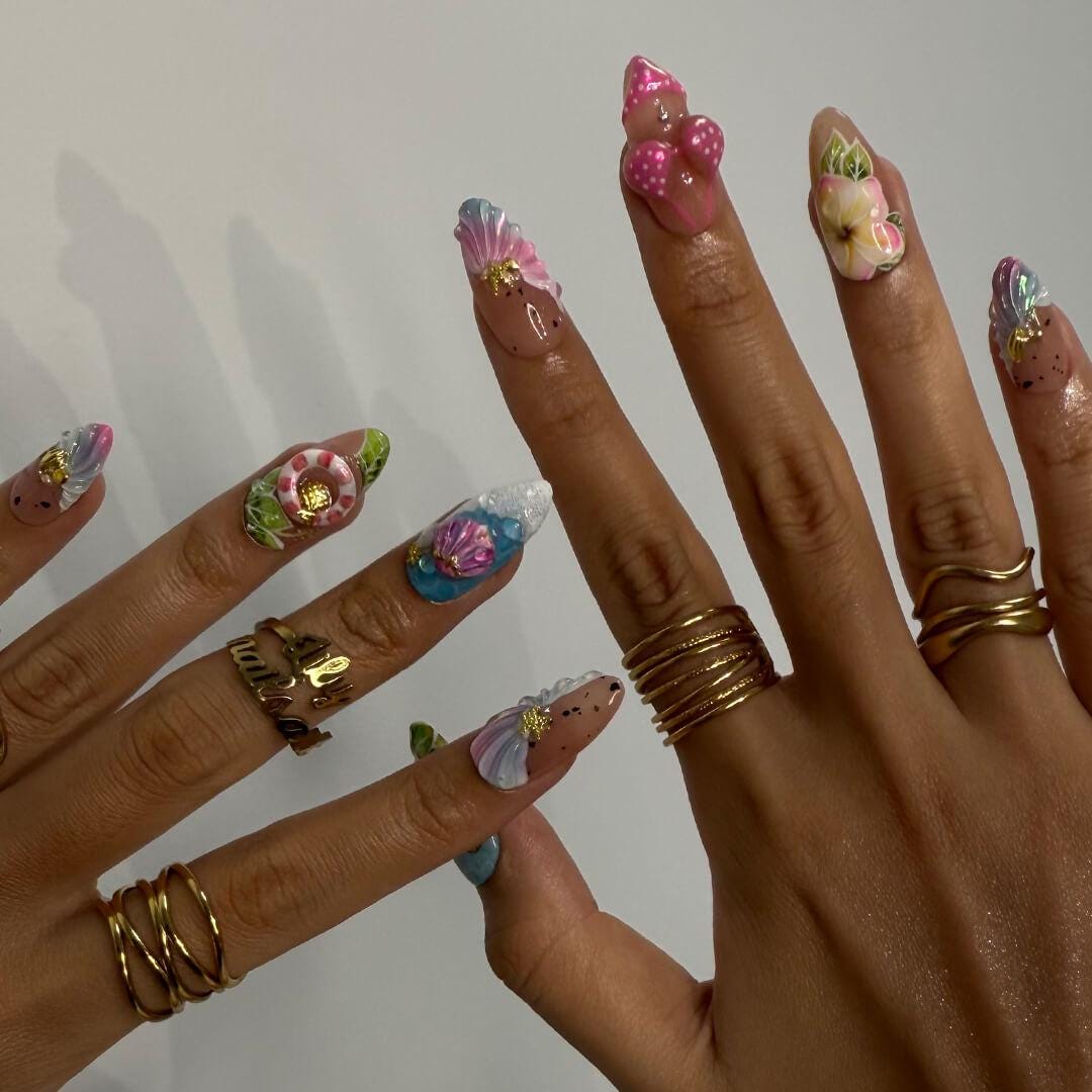 Tropical Beach Press On Nails with Plumerias, Seashells and 3D Bikini Details