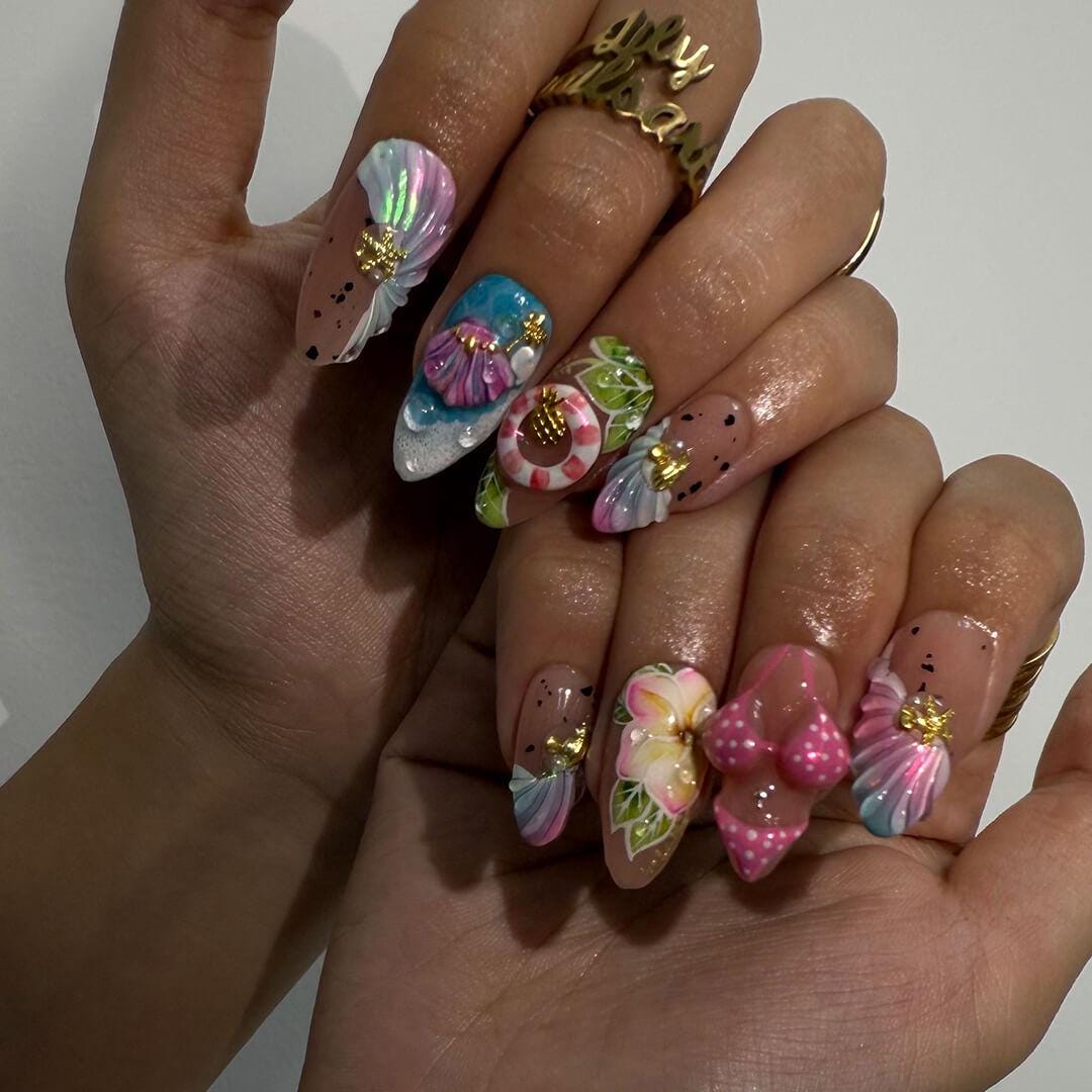 Tropical Beach Press On Nails with Plumerias, Seashells and 3D Bikini Details