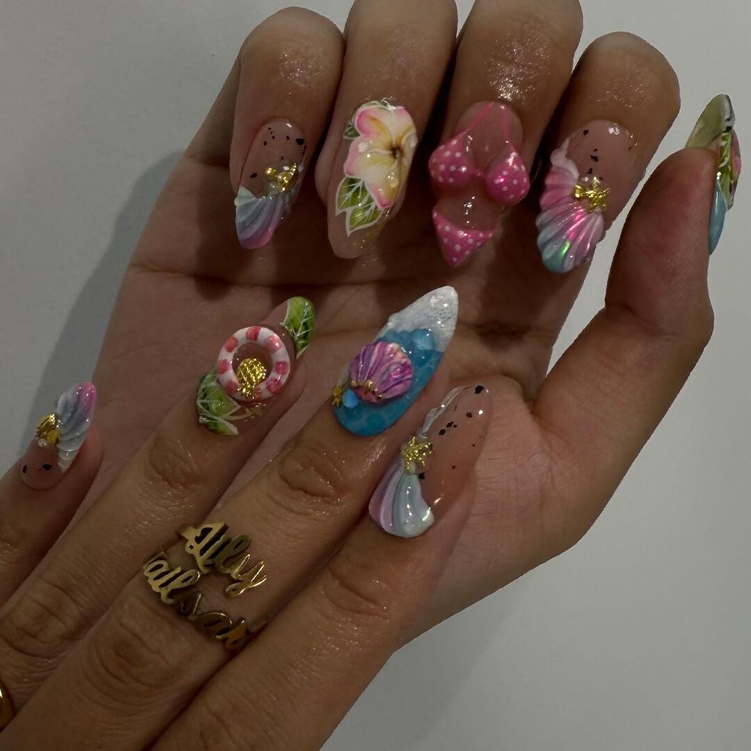 Tropical Beach Press On Nails with Plumerias, Seashells and 3D Bikini Details