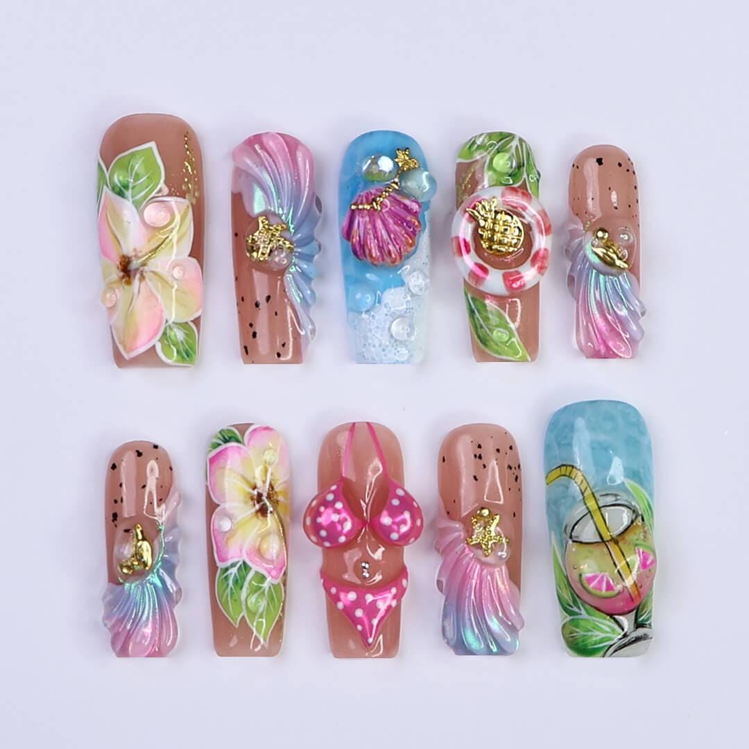 Tropical Beach Press On Nails with Plumerias, Seashells and 3D Bikini Details