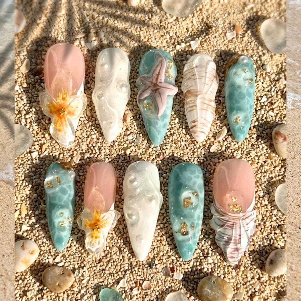 Tropical Beach Seashell and Starfish Press On Nails With Floral and Pearl Details