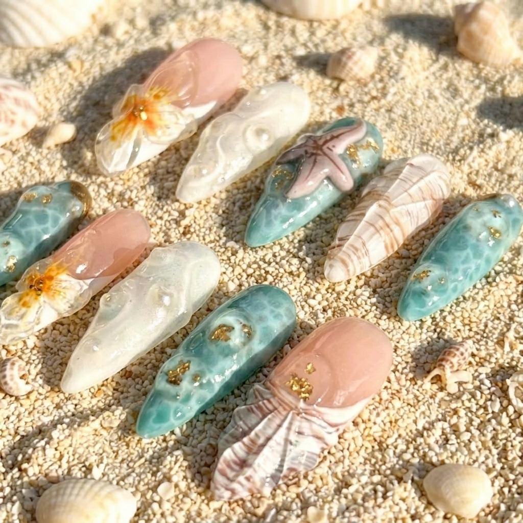 Tropical Beach Seashell and Starfish Press On Nails With Floral and Pearl Details