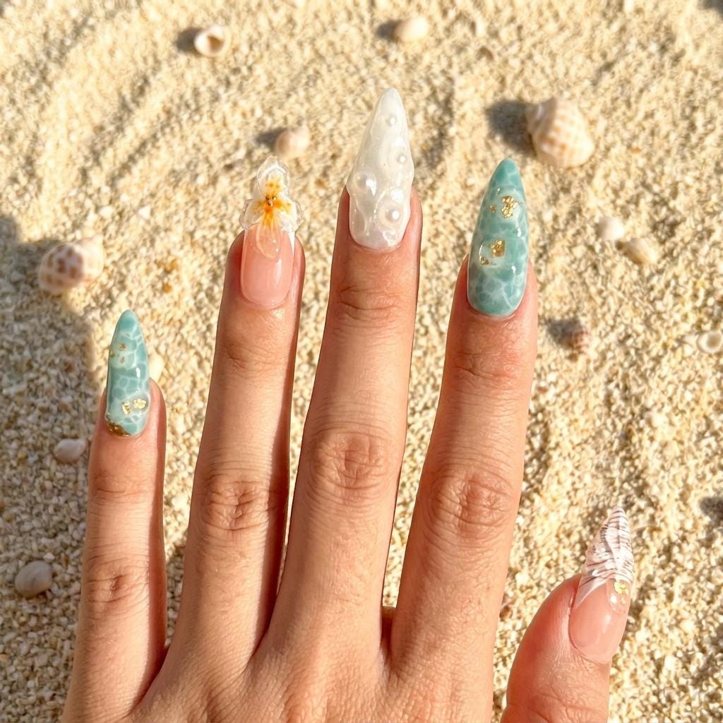 Tropical Beach Seashell and Starfish Press On Nails With Floral and Pearl Details