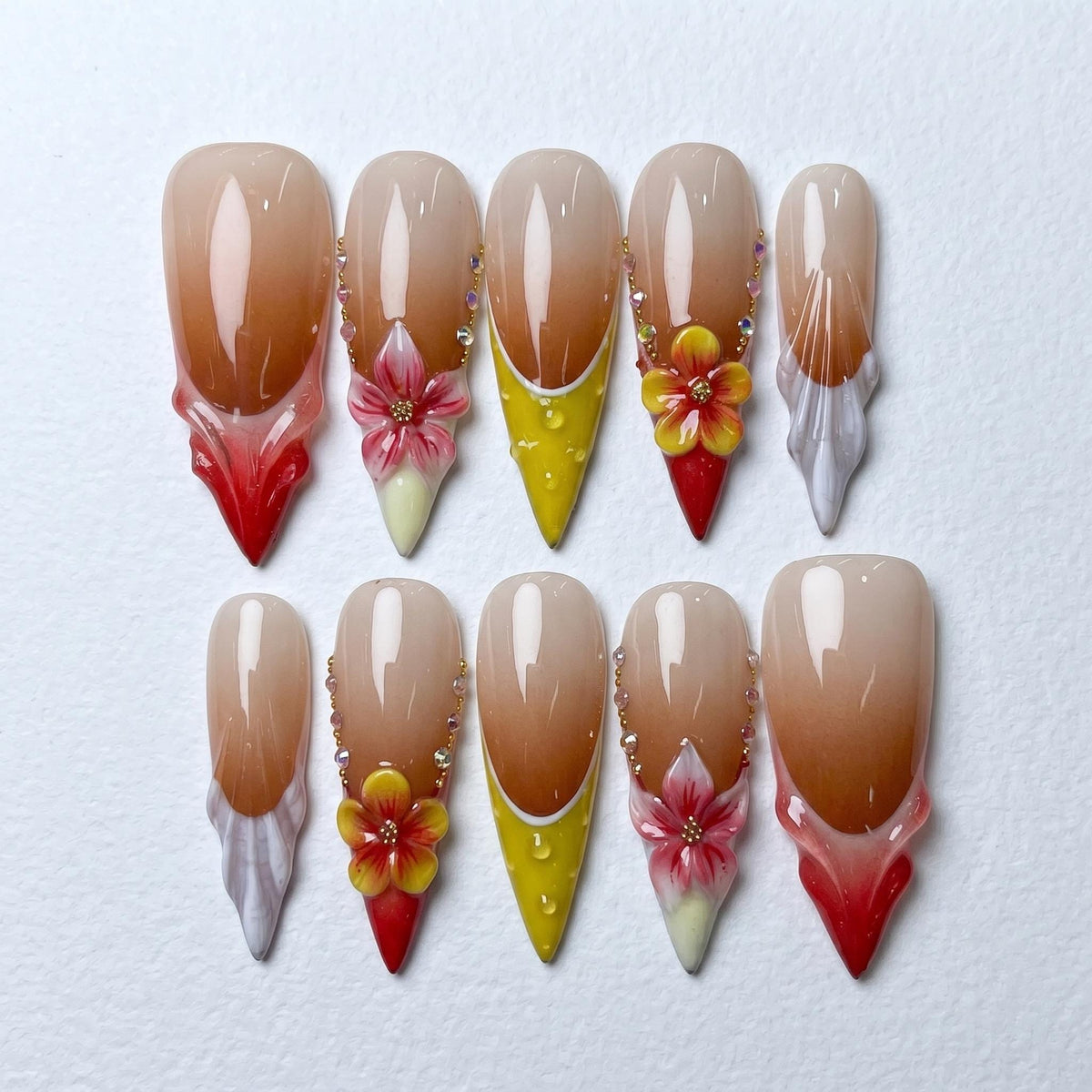 Tropical Floral Summer French Tip Press On Nails With 3D Flowers and Rhinestones