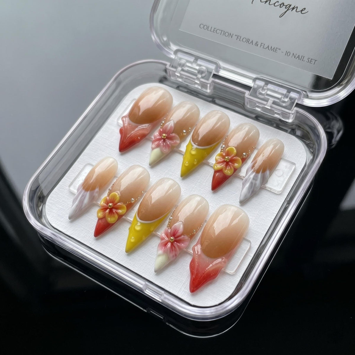 Tropical Floral Summer French Tip Press On Nails With 3D Flowers and Rhinestones
