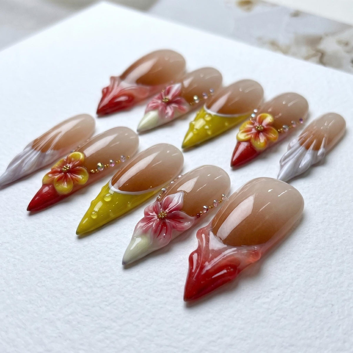 Tropical Floral Summer French Tip Press On Nails With 3D Flowers and Rhinestones