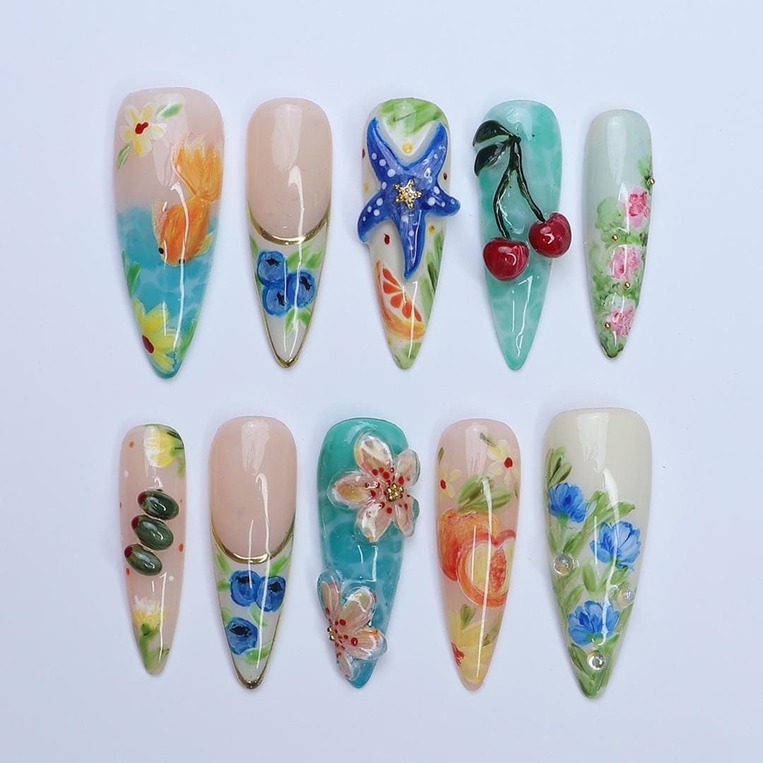 Tropical Flower and Ocean Accent Press On Nails with Starfish and Cherries