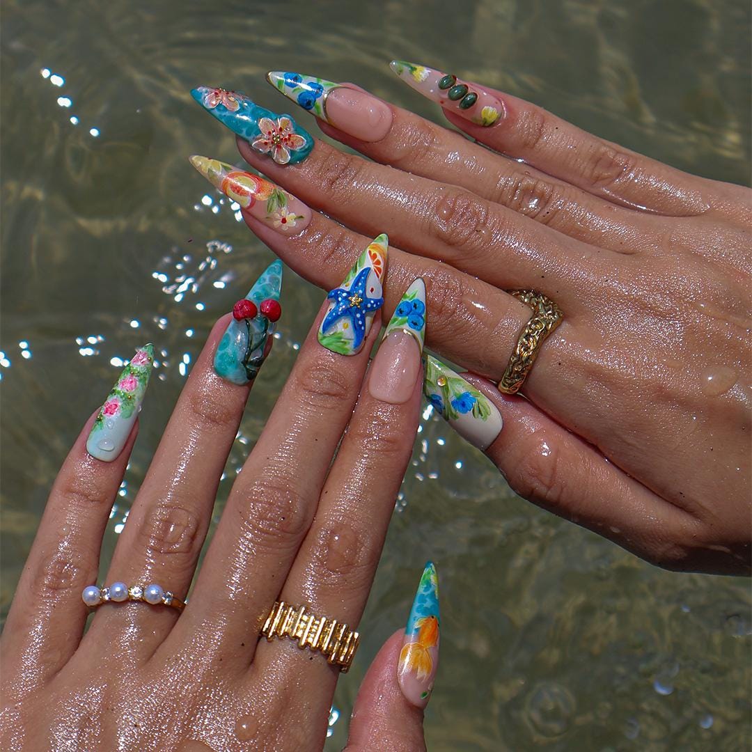 Tropical Flower and Ocean Accent Press On Nails with Starfish and Cherries