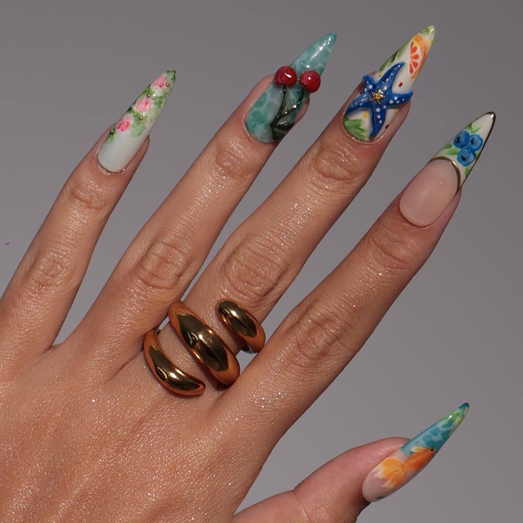 Tropical Flower and Ocean Accent Press On Nails with Starfish and Cherries