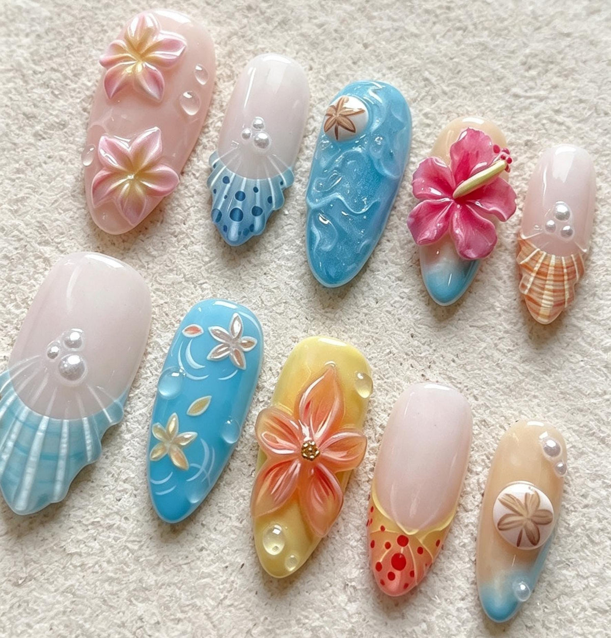 Tropical Flower and Ocean Wave Press On Nails with 3D Blooms