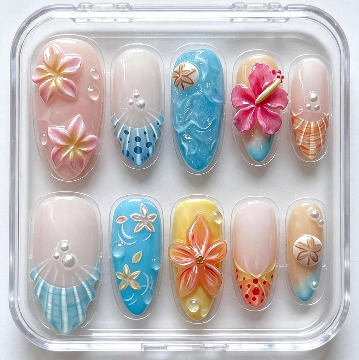 Tropical Flower and Ocean Wave Press On Nails with 3D Blooms