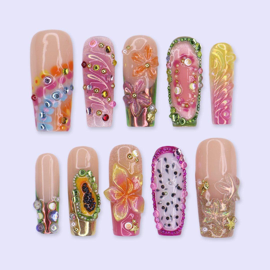 Tropical Fruit and Flower Press On Nails with Pearls and Colorful Rhinestones