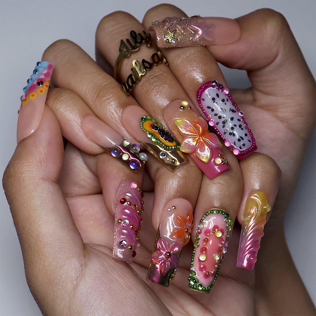Tropical Fruit and Flower Press On Nails with Pearls and Colorful Rhinestones