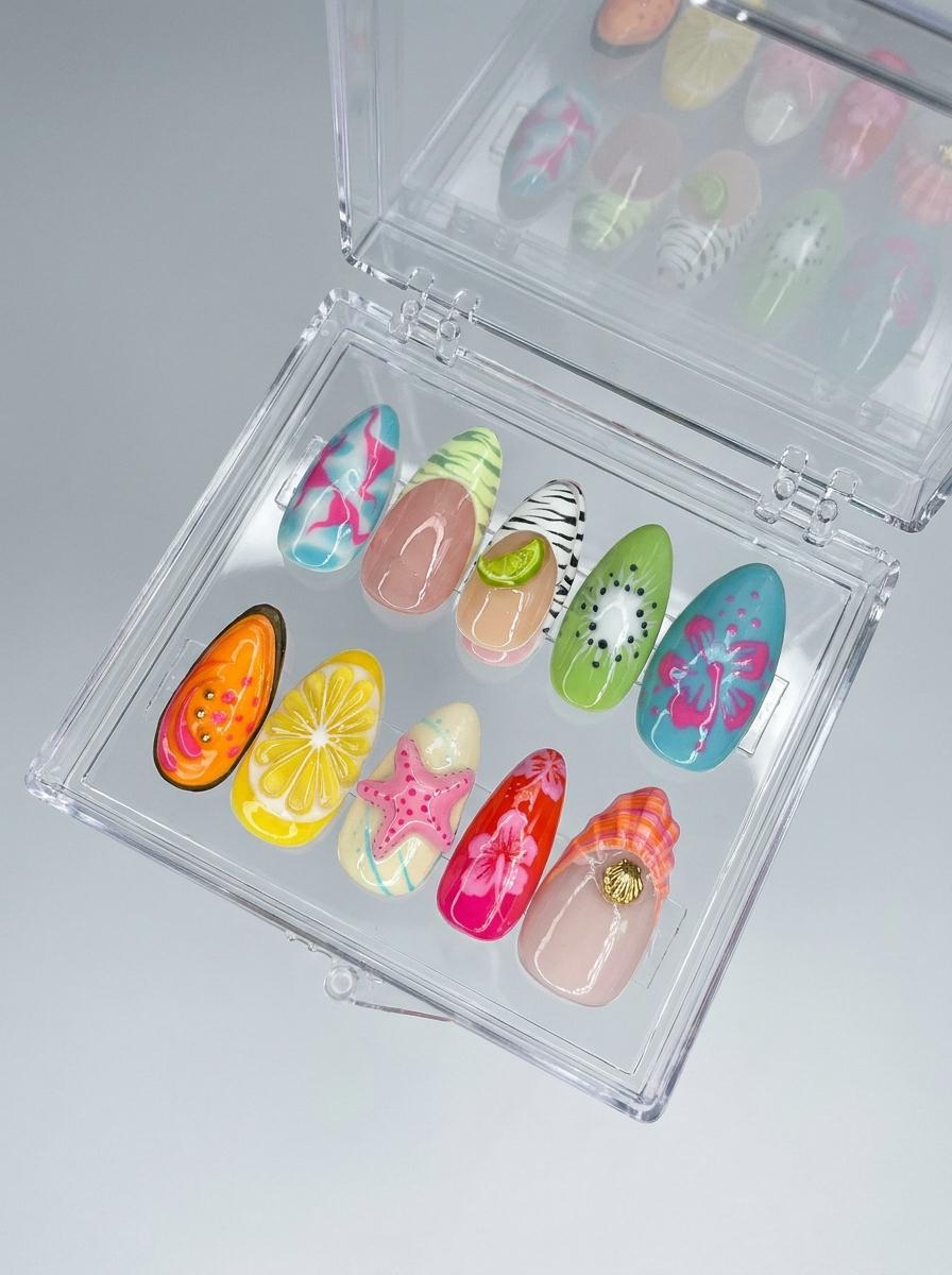 Tropical Fruit and Hibiscus Nails with 3D Starfish and Gold Shell