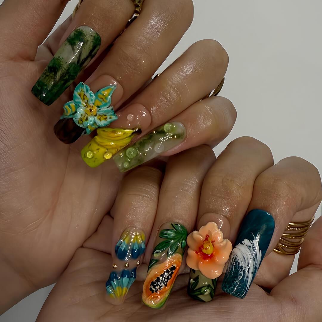 Tropical Fruit and Raised Flower Press-On Nails in Green, Teal, and Peach