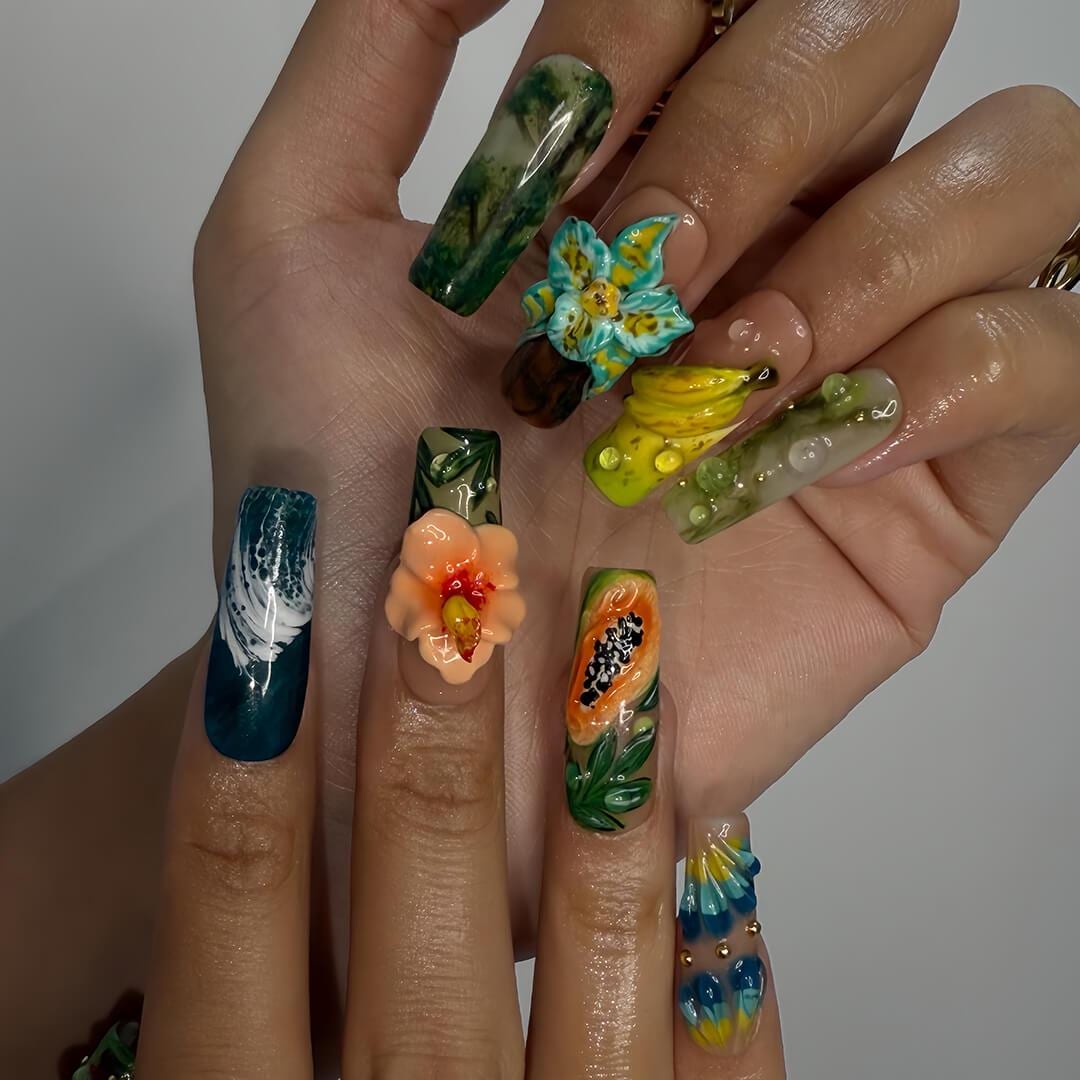 Tropical Fruit and Raised Flower Press-On Nails in Green, Teal, and Peach