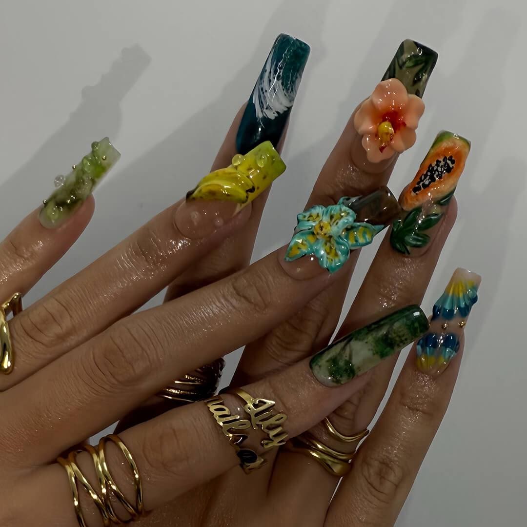 Tropical Fruit and Raised Flower Press-On Nails in Green, Teal, and Peach