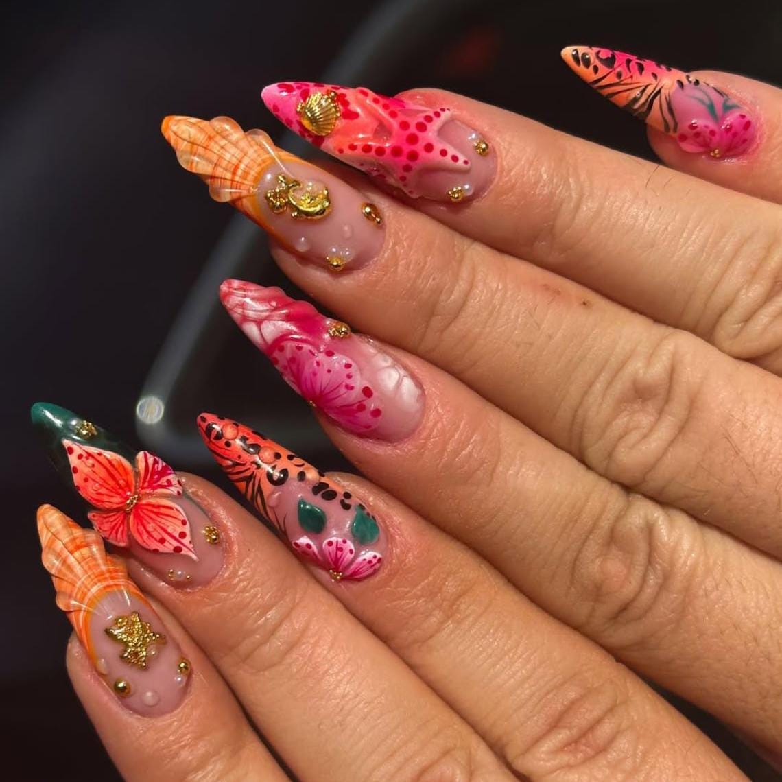 Tropical Hibiscus and Shell Press On Nails with 3D Starfish Details