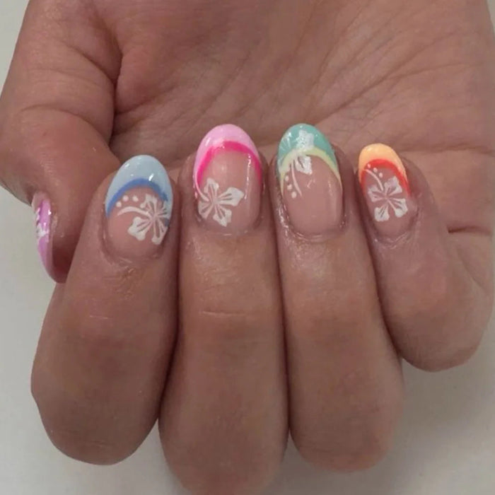 Tropical Hibiscus French Tip Press On Nails in Pastel Colors