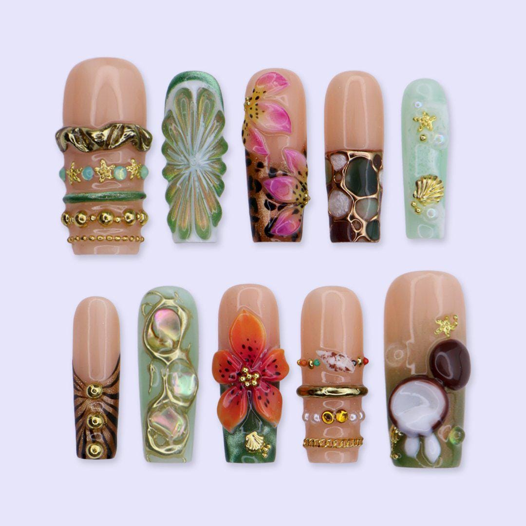 Tropical Hibiscus Press-On Nails With Gold-Toned Details