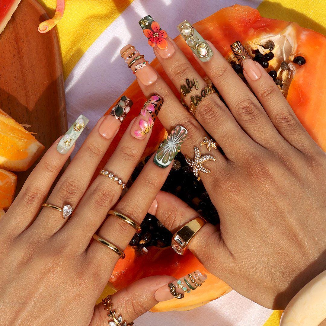 Tropical Hibiscus Press-On Nails With Gold-Toned Details