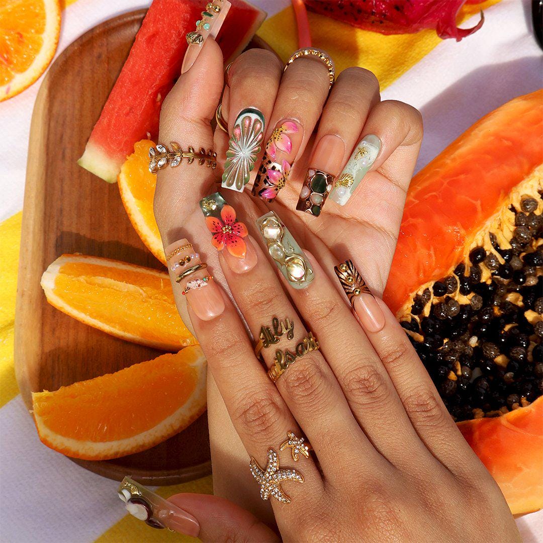 Tropical Hibiscus Press-On Nails With Gold-Toned Details