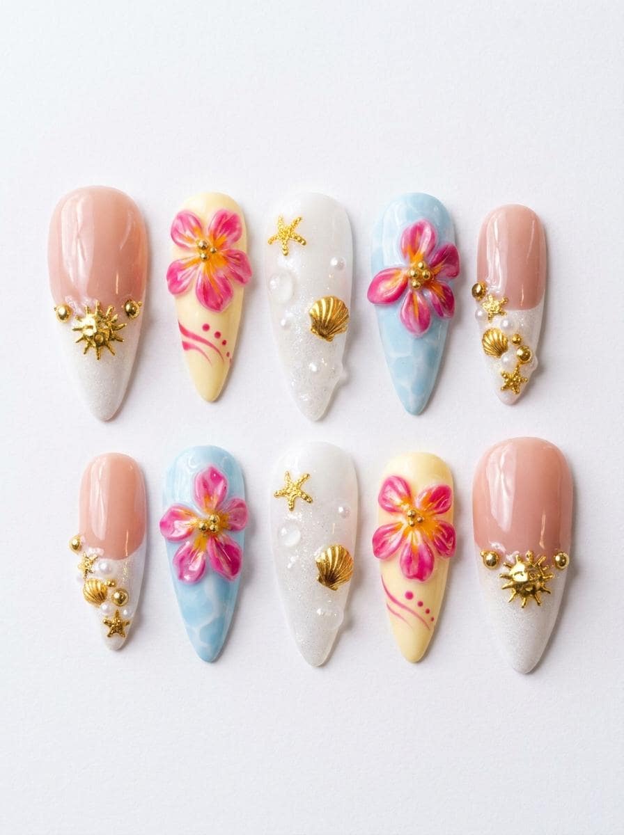 Tropical Hibiscus Press On Nails With Marbled Blue, Shells and Gold Starfish Details